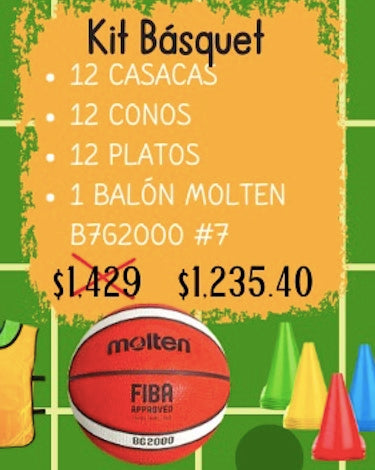 KIT BASQUETBOL ( Balón+Casacas+Conos+Platos)